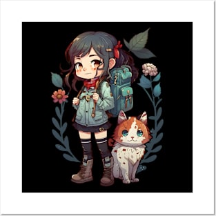 Girl & Cat Kawaii Anime Floral Cat Lover Posters and Art